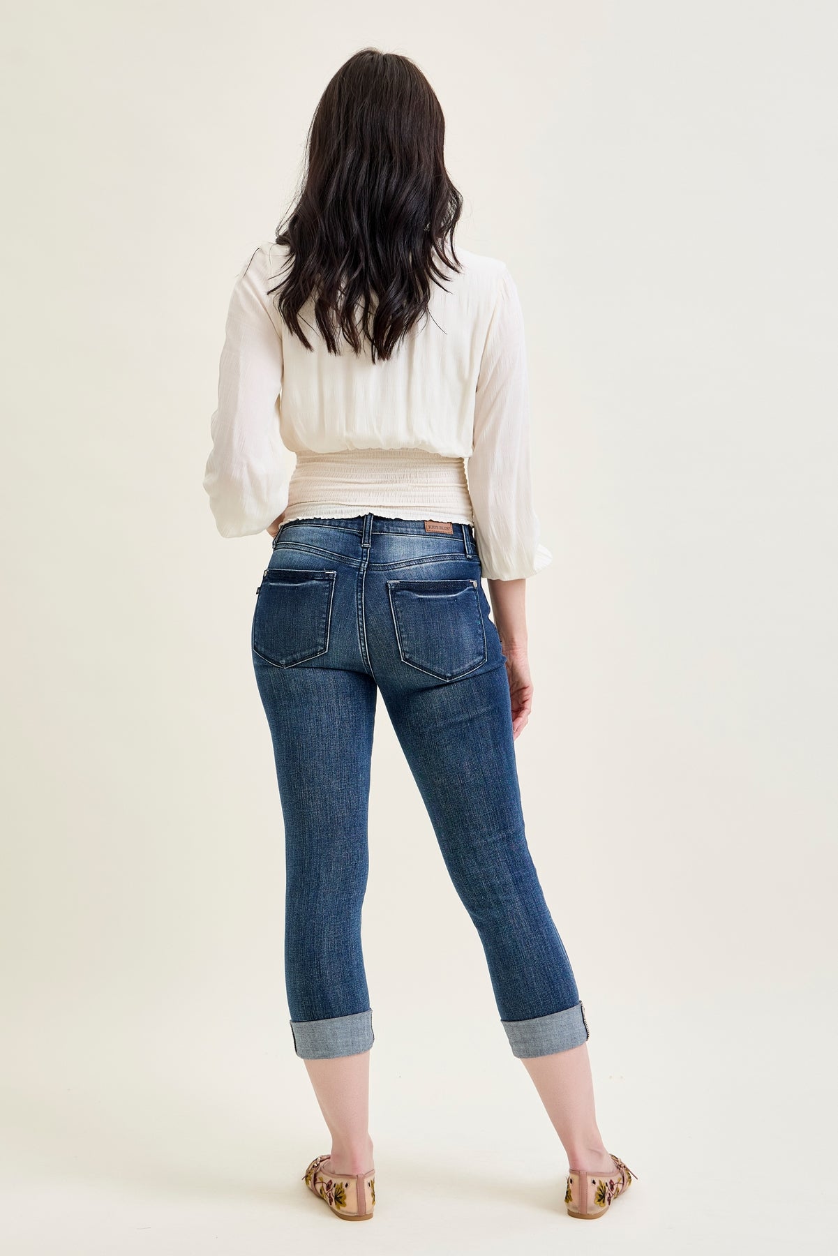 Maddy Mid Rise Dark Wash Cuffed Capri Jeans