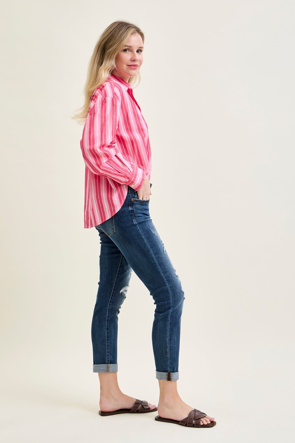 Aubree Mid Rise Distressed Boyfriend with Cuffed Hem