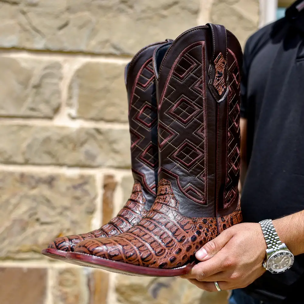 Brown Caiman Hornback Leather Boots - Square Toe