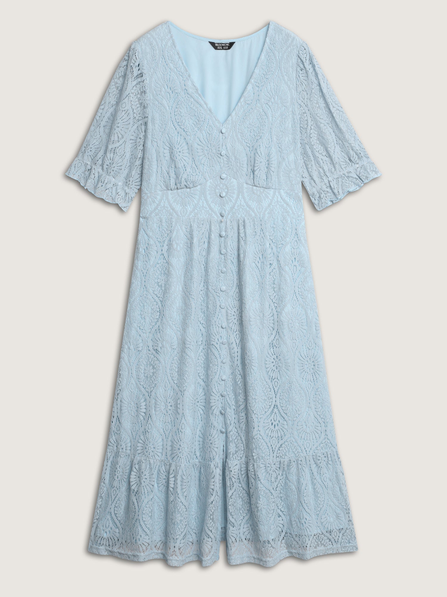 Lace Trim Shirred Button Detail Midi Dress