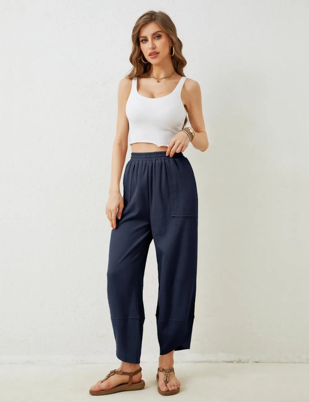 Women's Wide Leg Harem Pants Casual Palazzo Pants with Pockets High Waist Relaxed Fit