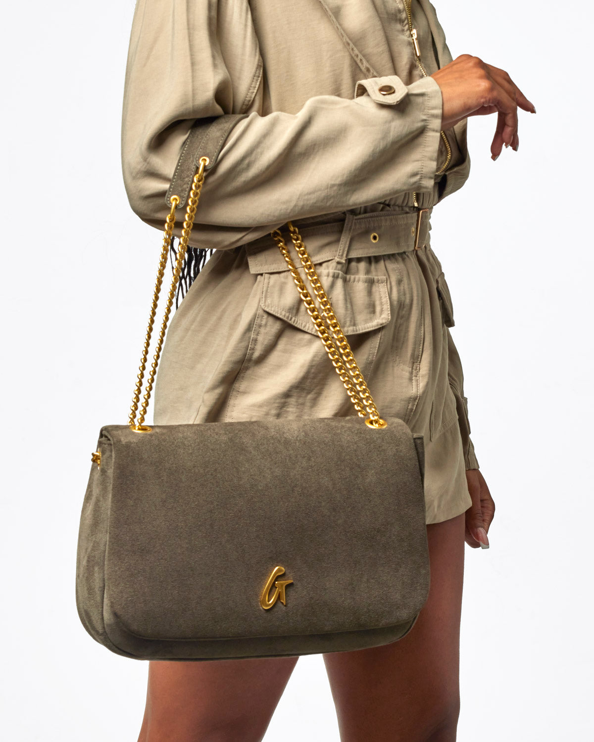 MEDIUM SUEDE FLAP BAG - OLIVE GREEN
