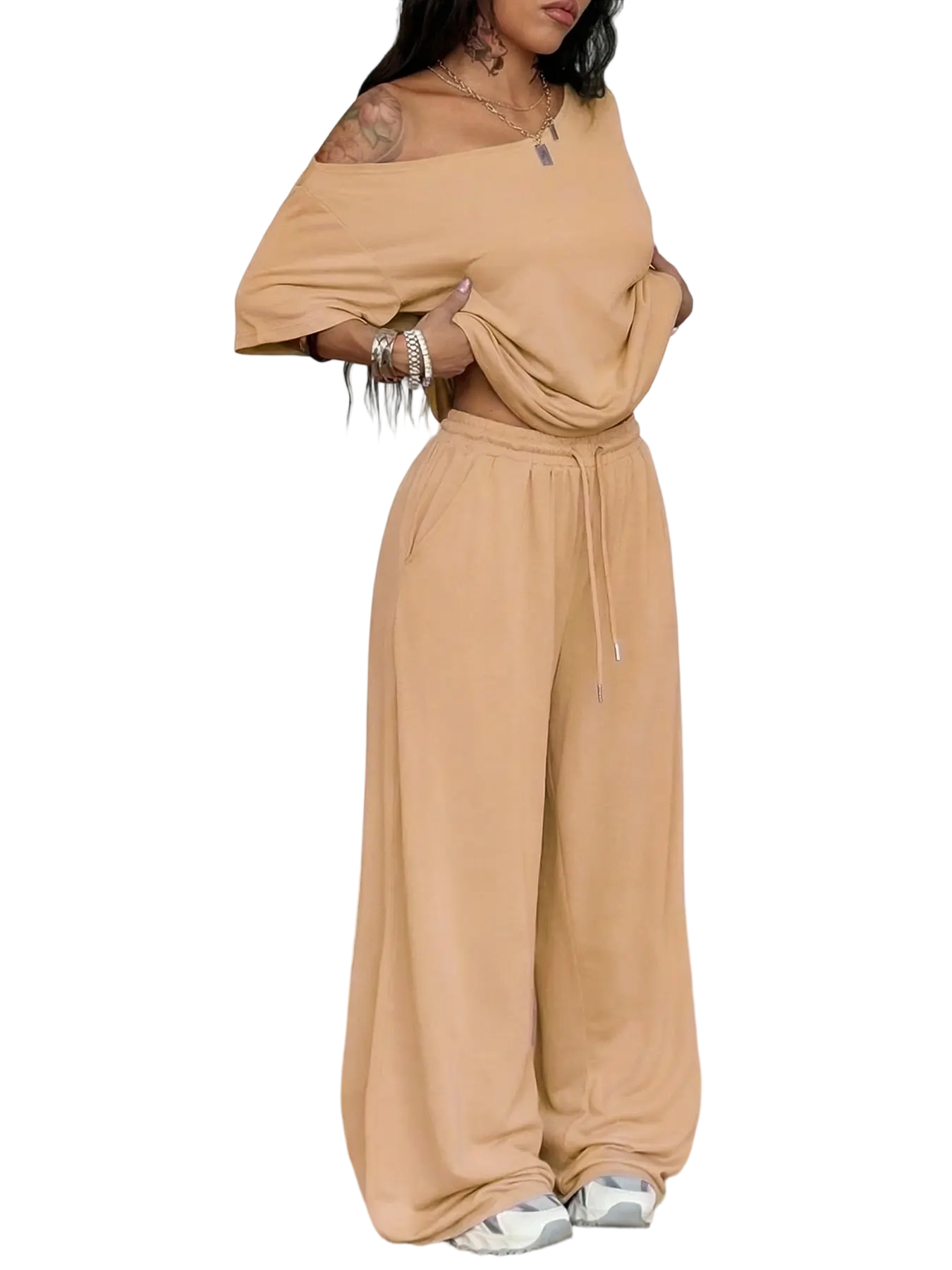 Women's Minimalist Basic Daily Wear Casual Going Out Sport Comfortable Off Shoulder T-Shirt And Wide Leg Pants Two Pieces Outfits