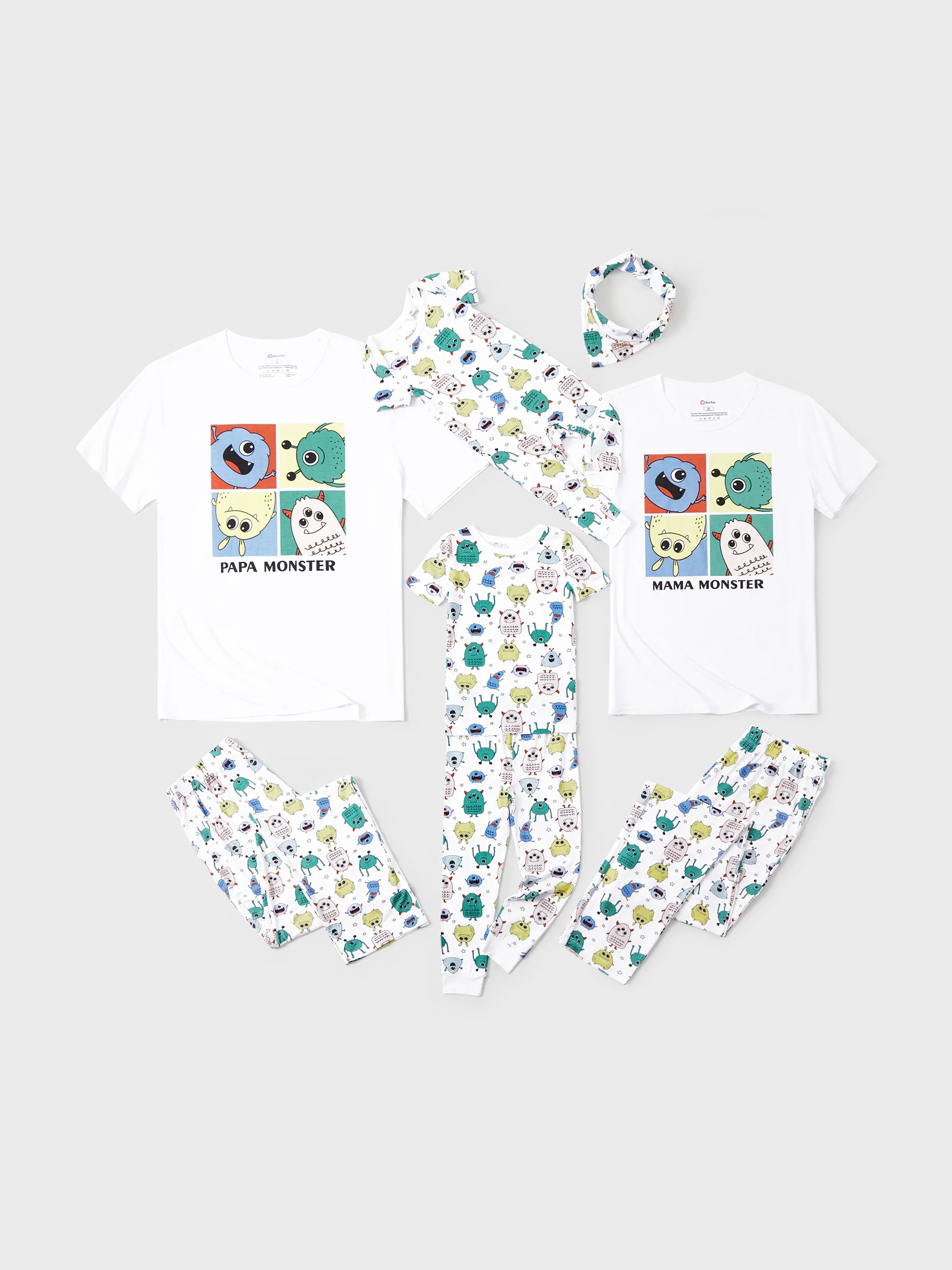 Bamboo Family Pajamas Cute Little Monster Print Short-sleeve Matching Pajama Set ( Snug-Fitting for Children ) White