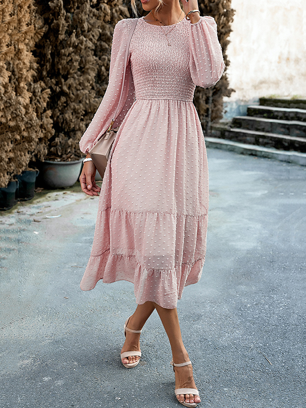 Elasticity Jacquard Solid Color Split-Joint A-Line Bishop Sleeve Round-Neck Midi Dresses