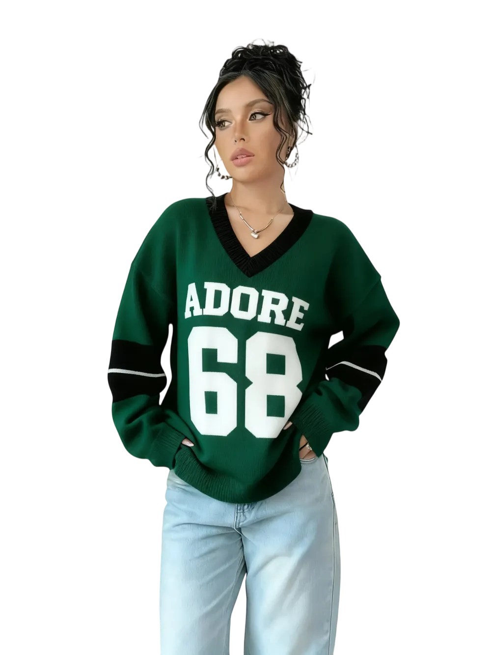 Autumn Winter Color Block V Neck Sweater for Women