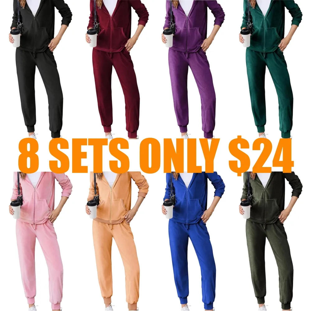Women's Casual Velour Tracksuit Set Full Zipper Hoodie & Workout Pants Velvet
