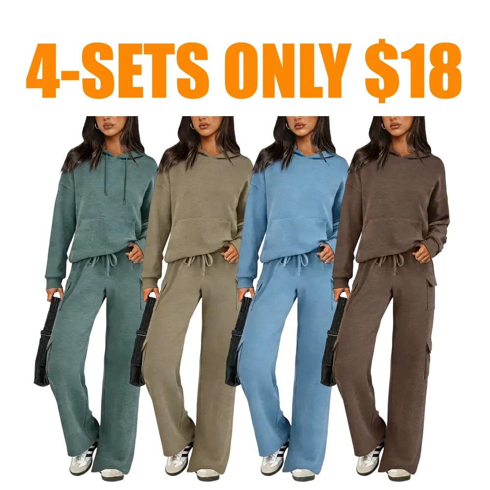 Women’s Casual Knit Tracksuit – Hoodie & Wide Leg Pants with Pockets