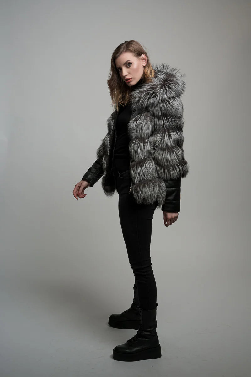 Haină din Blană Naturală de Vulpe, cu Glugă, Femei, Grey Frost 253