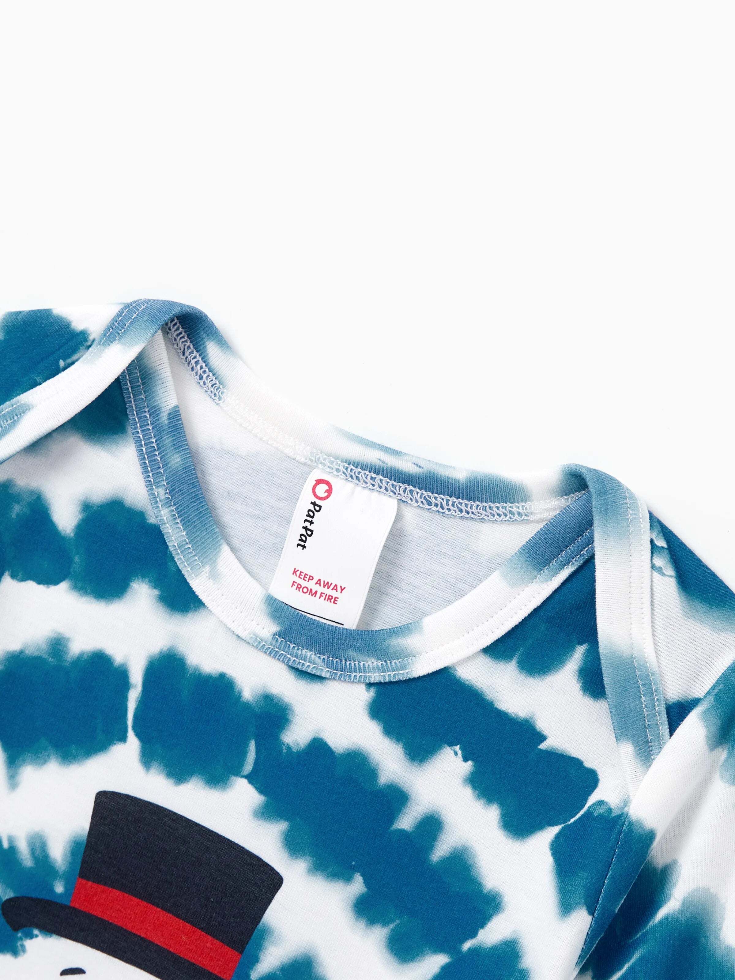 Christmas Matching Family Pajamas Set Tie-dye Snowman Print Blue PJS with Christmas Socks Deep Blue