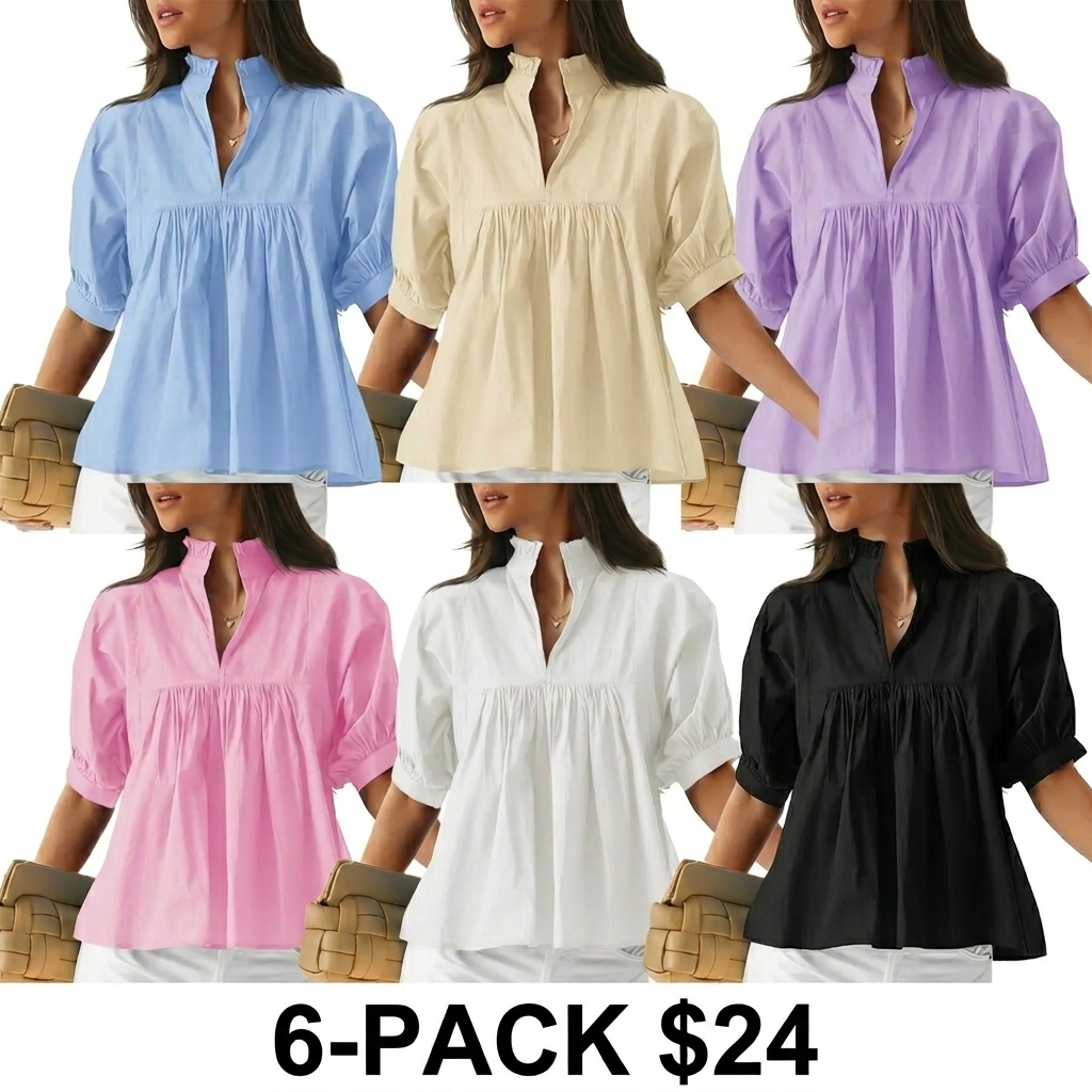Women's V Neck Puff Sleeve Blouse – Babydoll Peplum Loose Fit Top