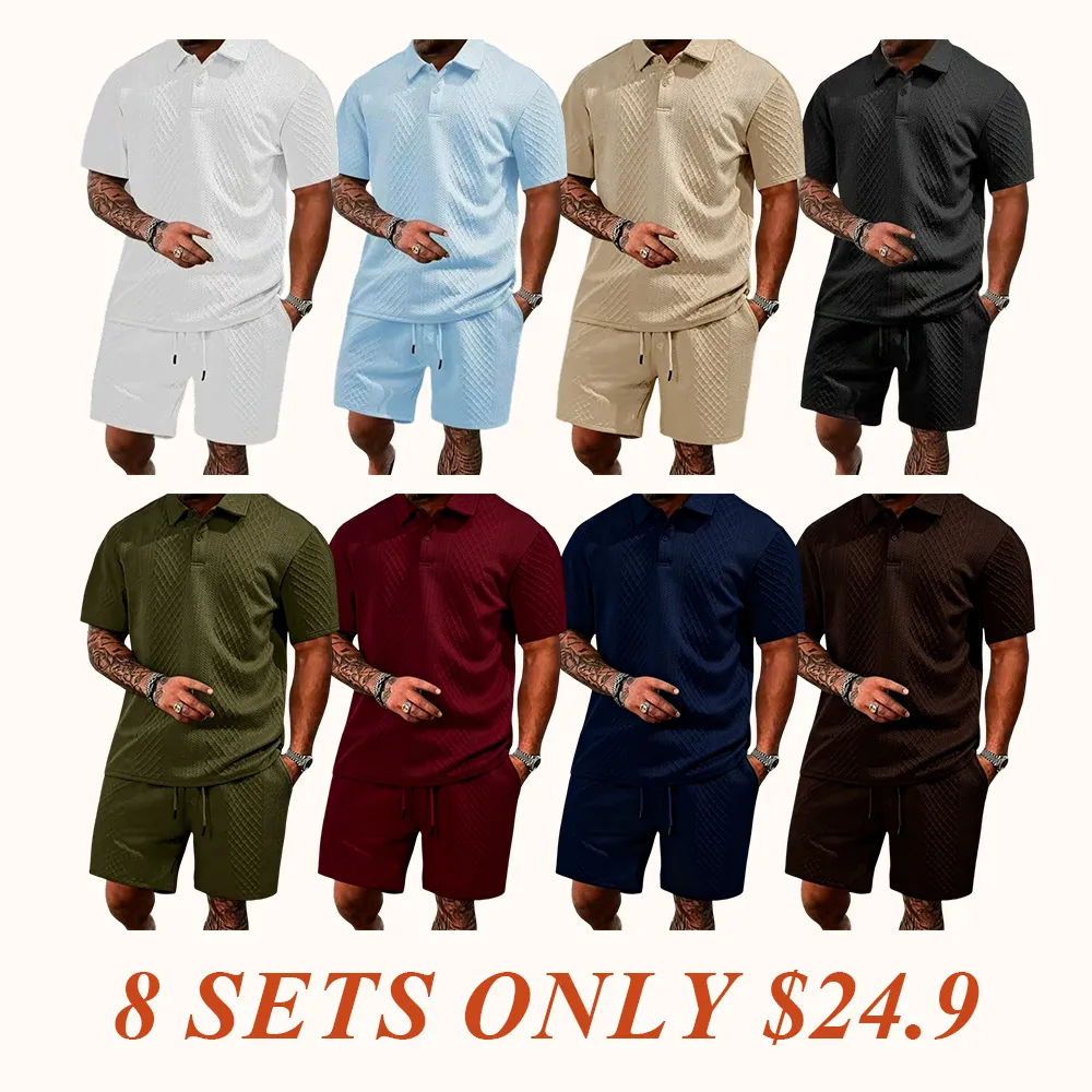 Men's summer casual texture fabric solid color polo shirt T-shirt shorts 2-piece set