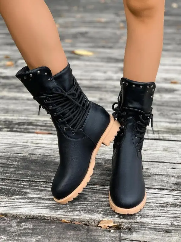 Women's Fashion Solid Color Lace-up Ankle Boots