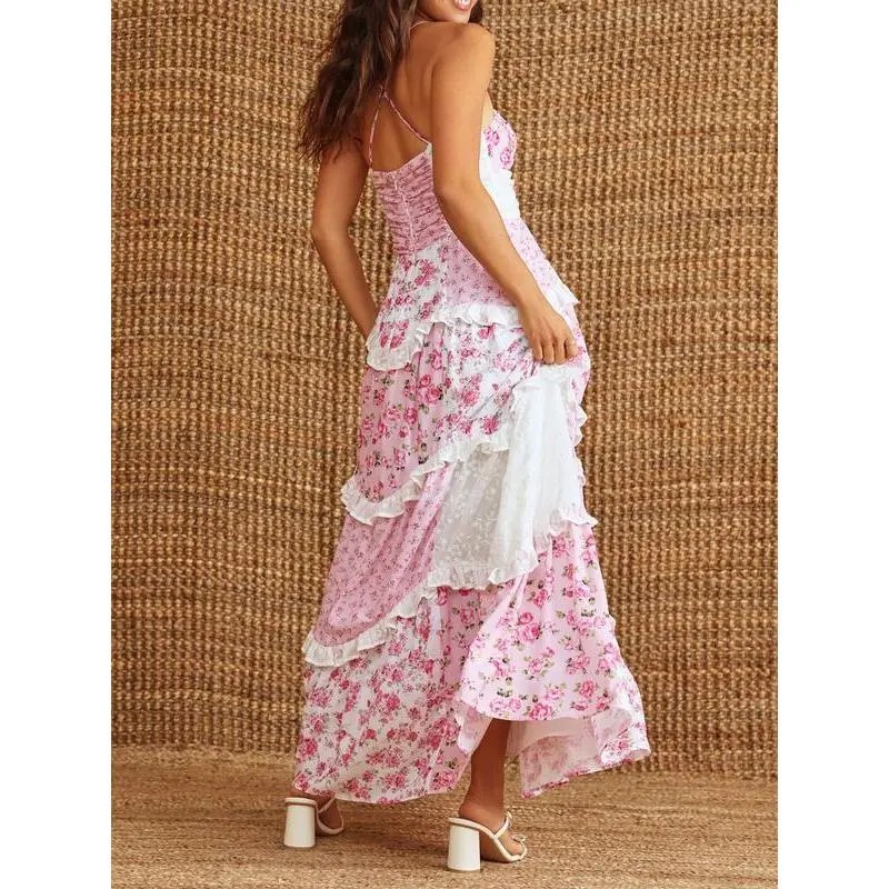 ⚡Today Only Deal🔥Women's Lace Patchwork Puff Short Halter Smocked Tiered Dress