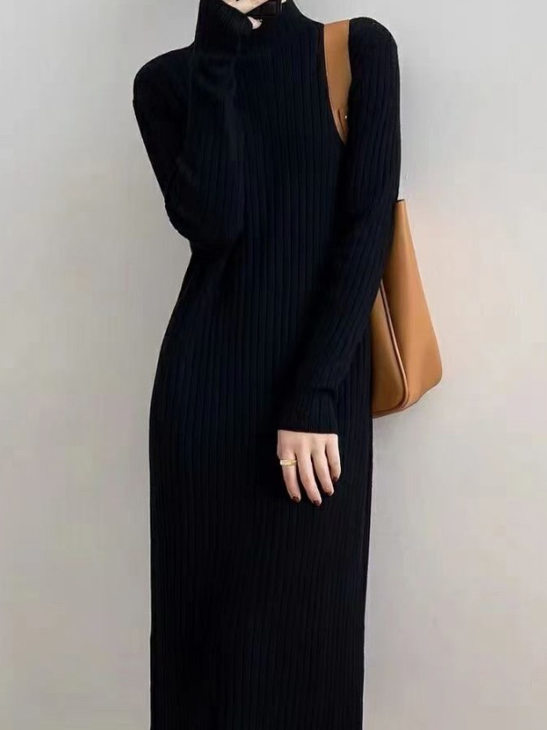Fringed Solid Color Long Sleeves Loose Mock Neck Sweater Dresses Midi Dresses