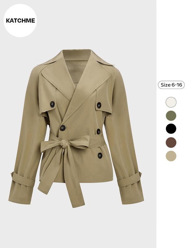 Trendy Solid Color Lapel Double Breasted Long Sleeve Trench Coat, Jackets