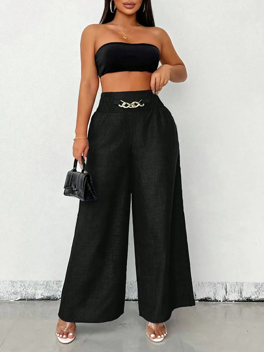 Women's Solid Color High-Waisted Pants, Stretchable Loose-Fitting Wide-Leg Trousers