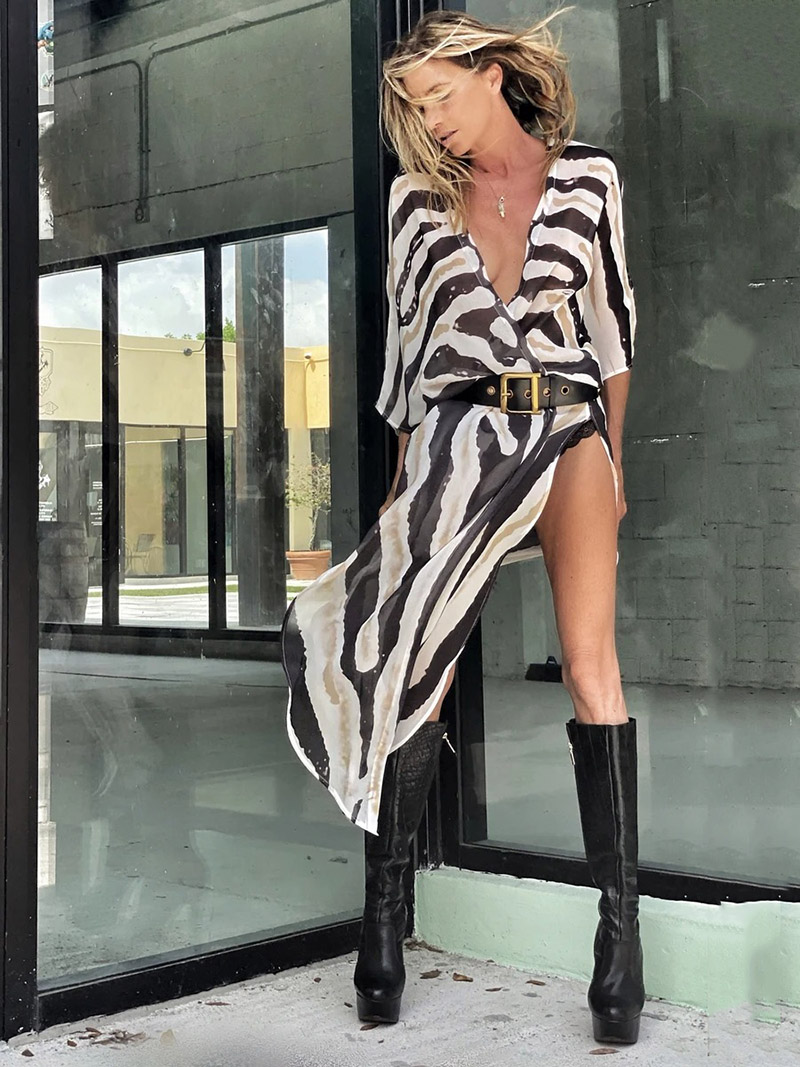 Sexy Zebra Pattern  Half Sleeve Wide Belt Cover-Ups Tops