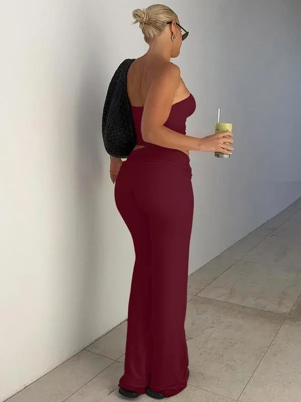 Two-Piece Set Women's Solid Crop Tube Top & Foldover Waist Flare Leg Pants