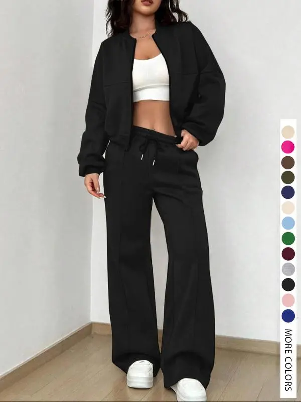 Two-piece Set Women's Solid Zip Up Drop Shoulder Jacket & Pocket Elastic Waist Pants