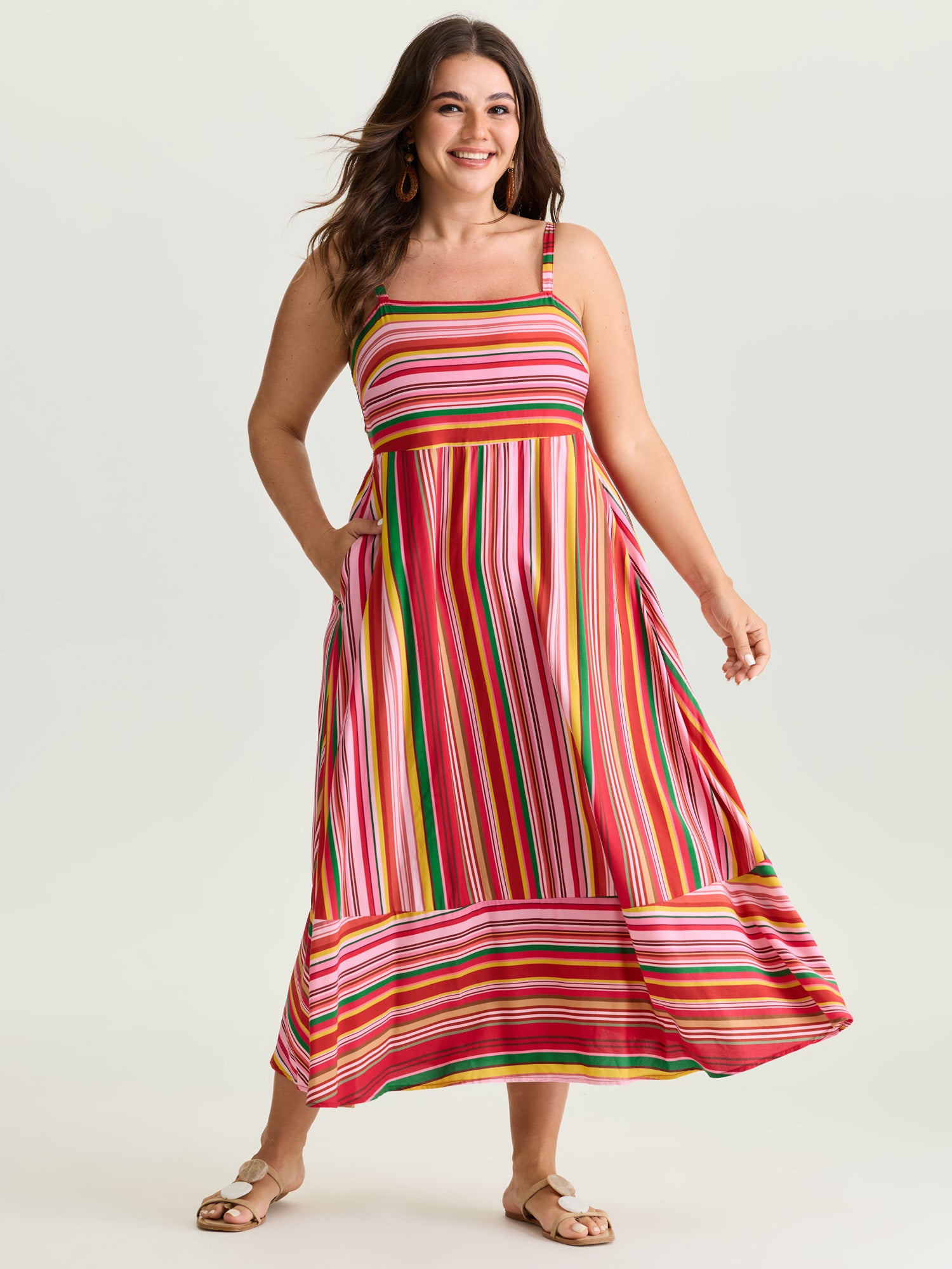 Multi-Color Striped Shirred Cami Maxi Dress