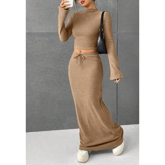 Women Flounce Sleeve Crop Tee Skirt Two-piece Set