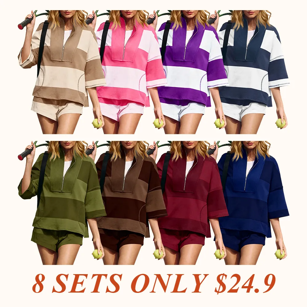 Womens 2 Piece Outfits Summer Striped Sweatshirt Workout Shorts Sets Matching Lounge Set