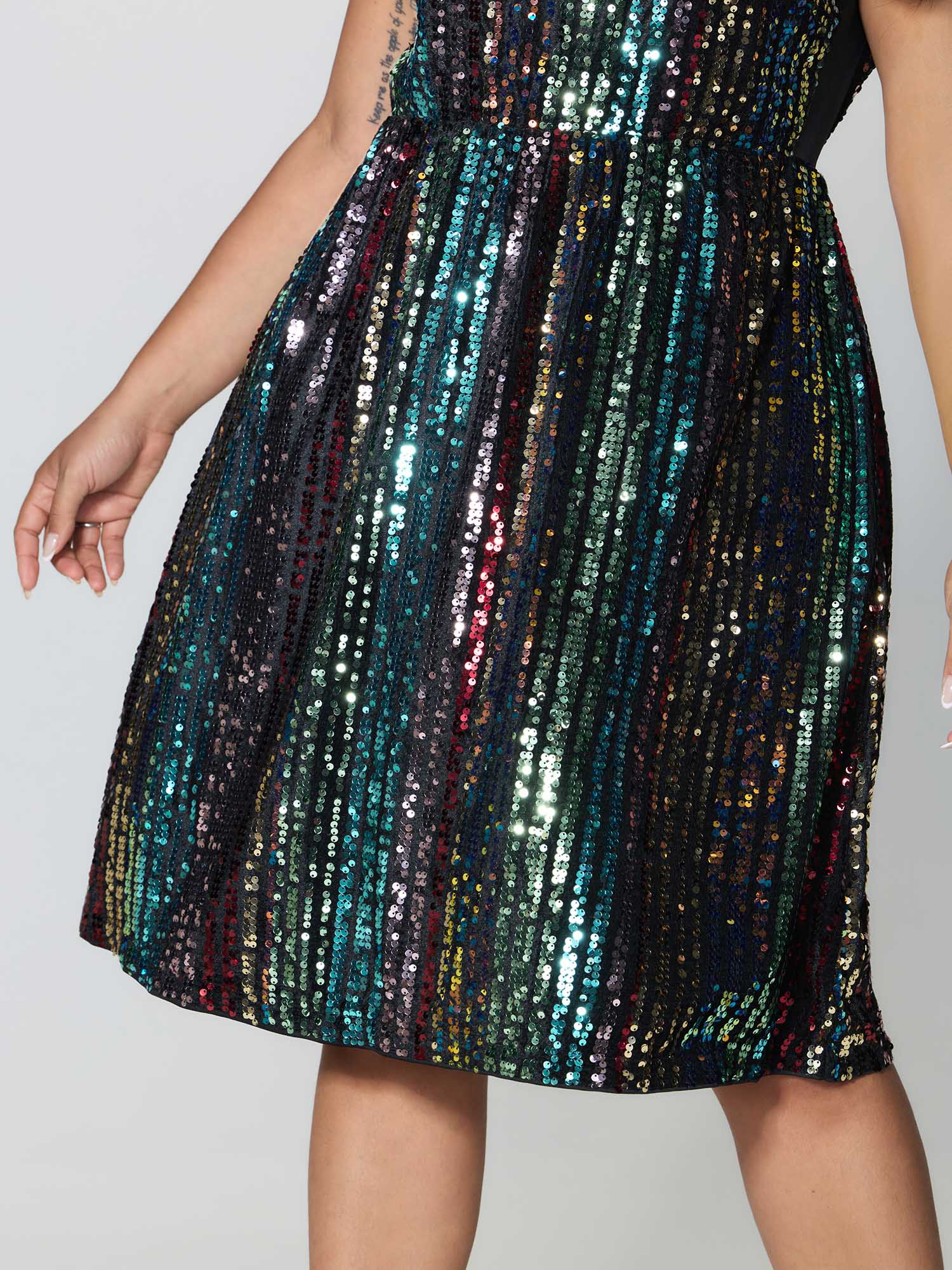 Shimmery Sequin Stripe Cinched-Waist Mini Dress
