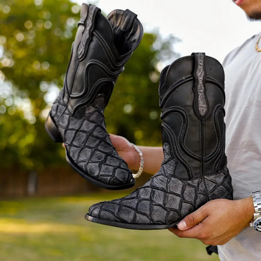 Meteorite Grey Rustic Pirarucu Leather Boots - Square Toe