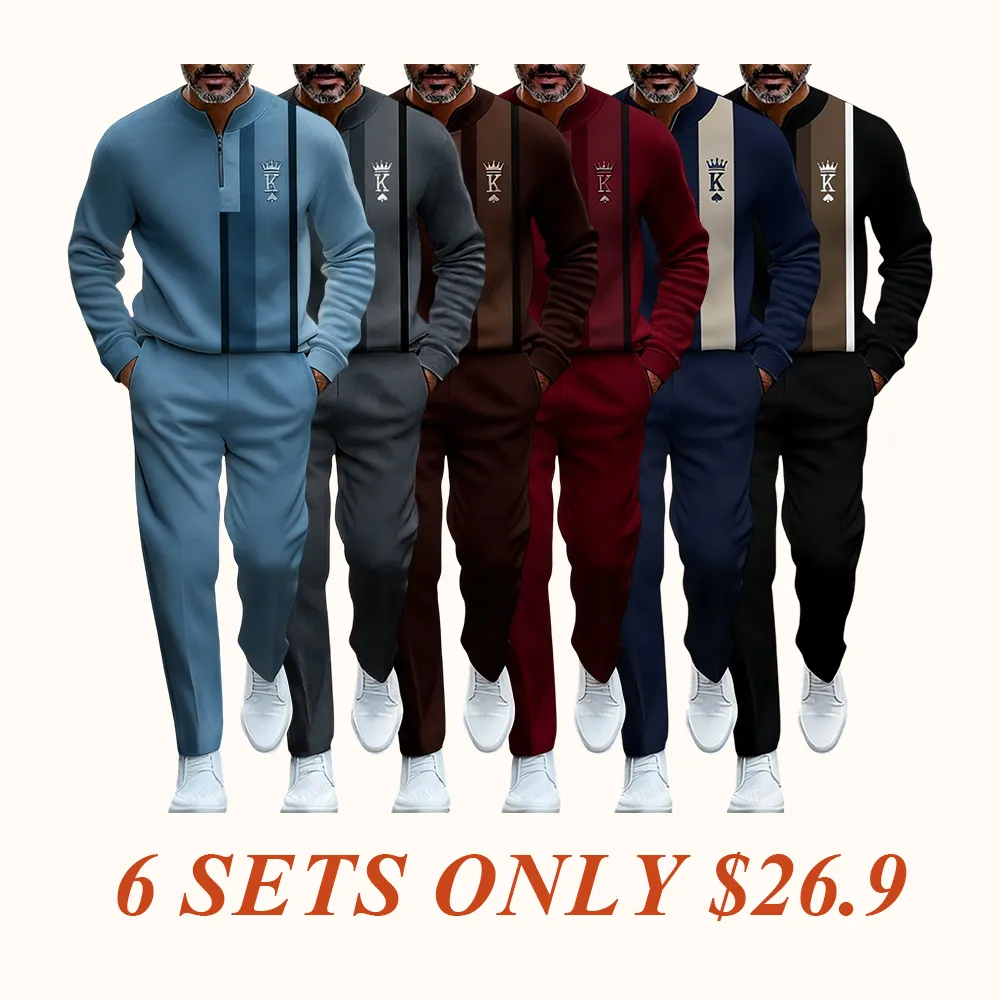 Men's Fashion New Retro Beige & Brown Block Semi-Cardigan Set