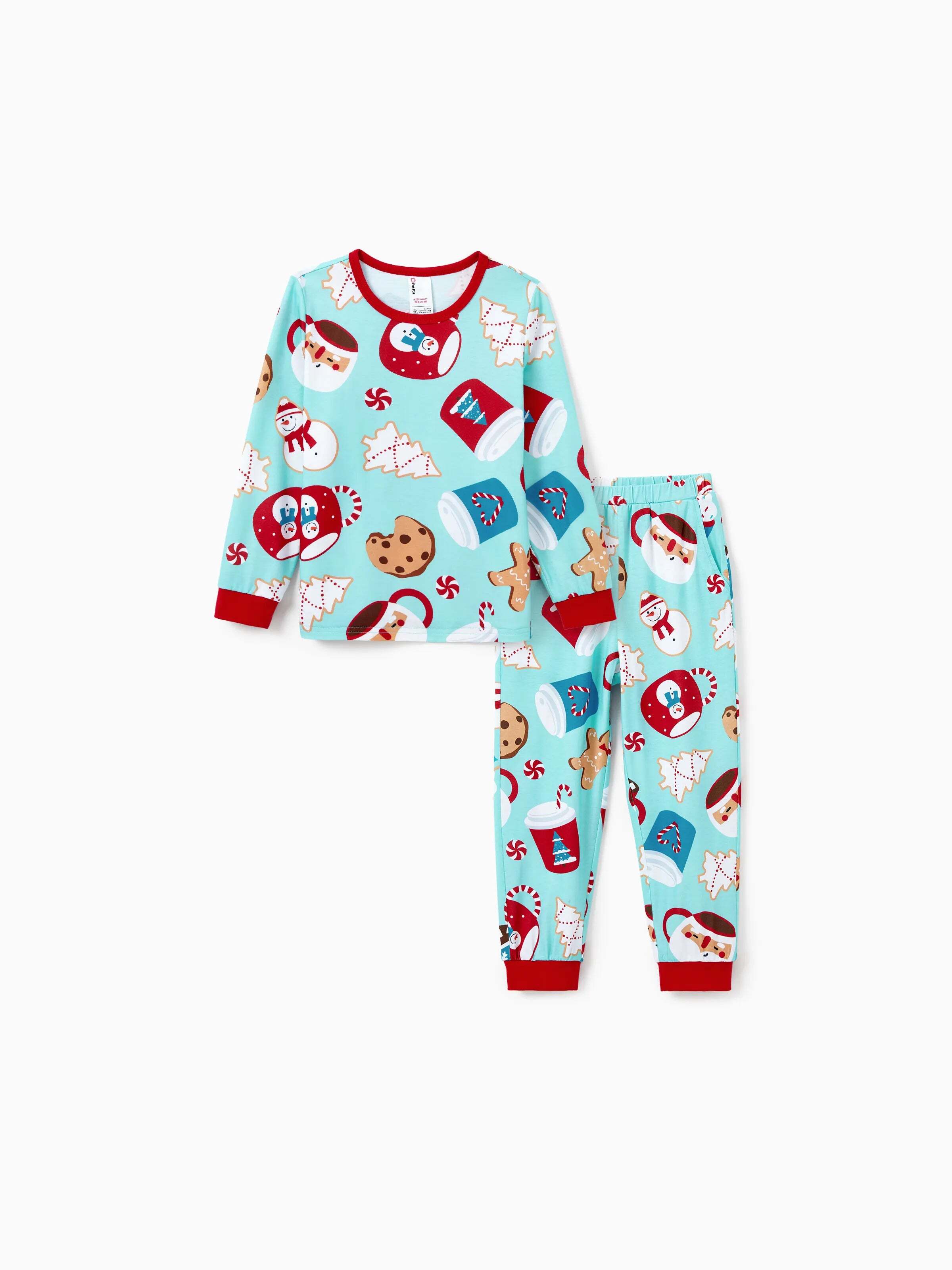 Christmas Matching Family Pajamas Set Gingerbread Print Blue and Red PJS with Christmas Socks Light Blue