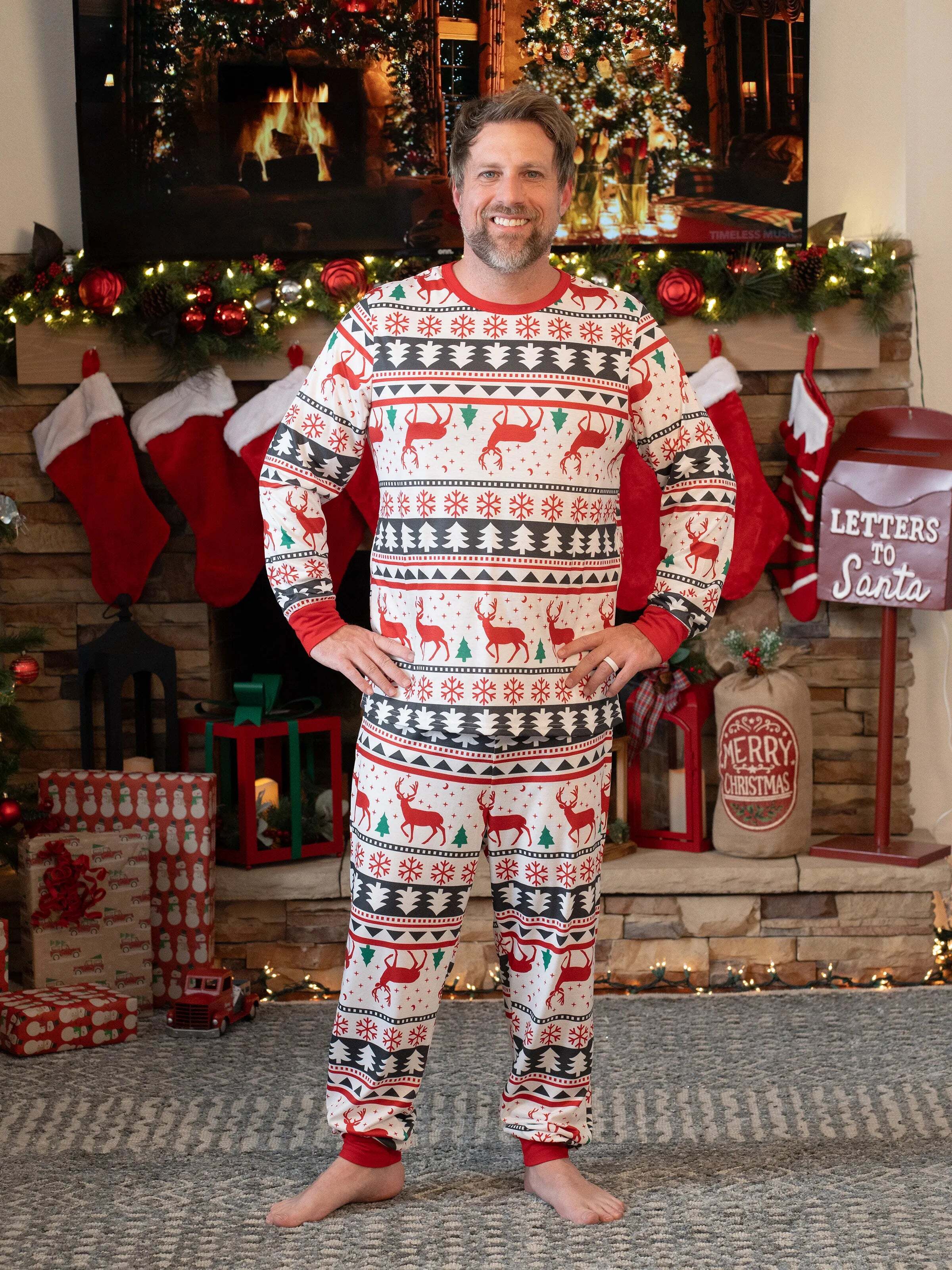 Family Christmas Pajamas All Over Reindeer Print Long-sleeve with Christmas Socks (SGS Certied Safety) Red+White