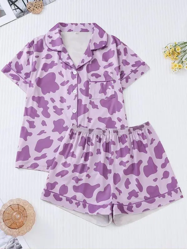 Women's Cow Print Contrast Binding Pyjama Set