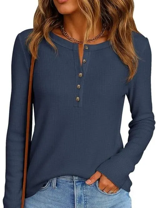 Women's Button Up Waffle Top Long Sleeve Knit Shirts Fall Casual Henley V Neck Tunic Tops