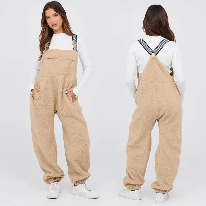 Women Fleece Overalls One-piece Bibs Jumpsuits