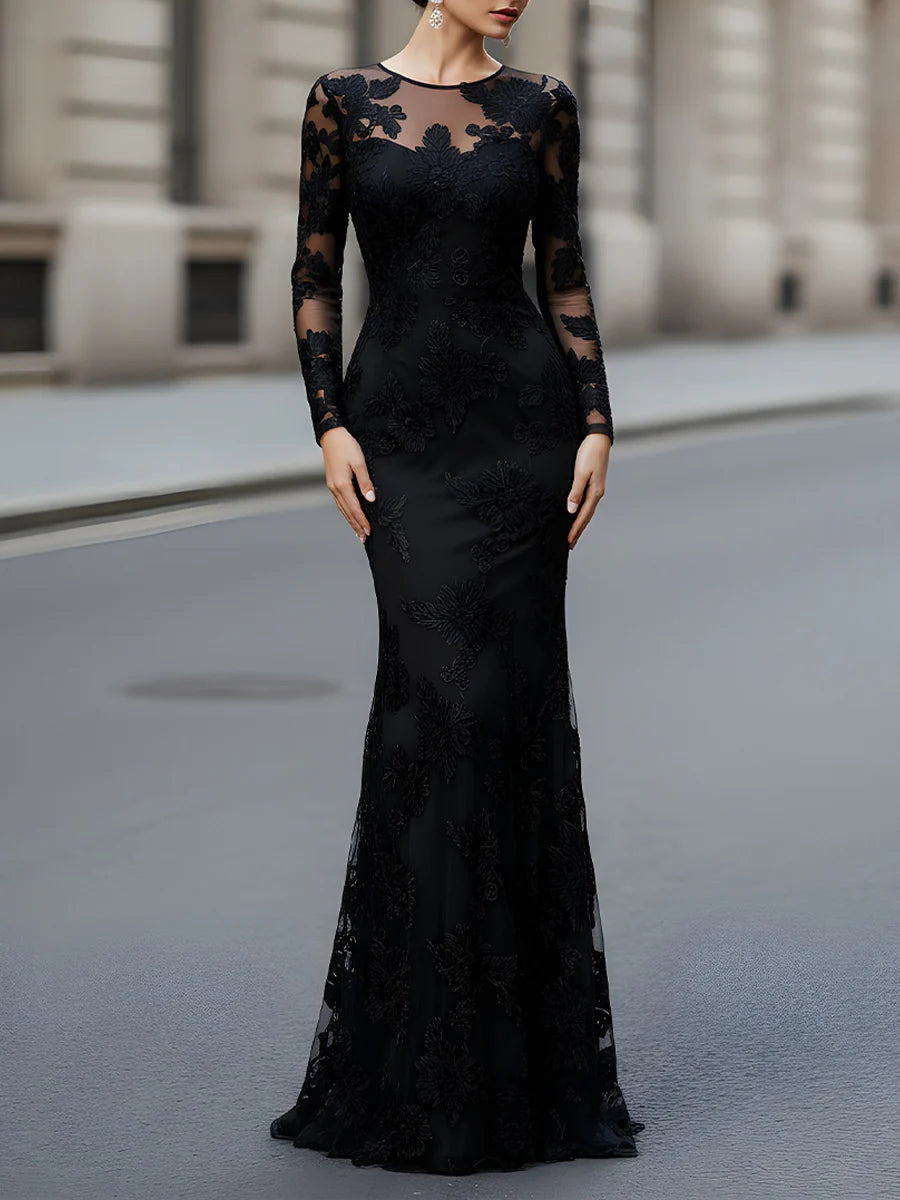 Black Floral Embroidered Illusion Evening Gown