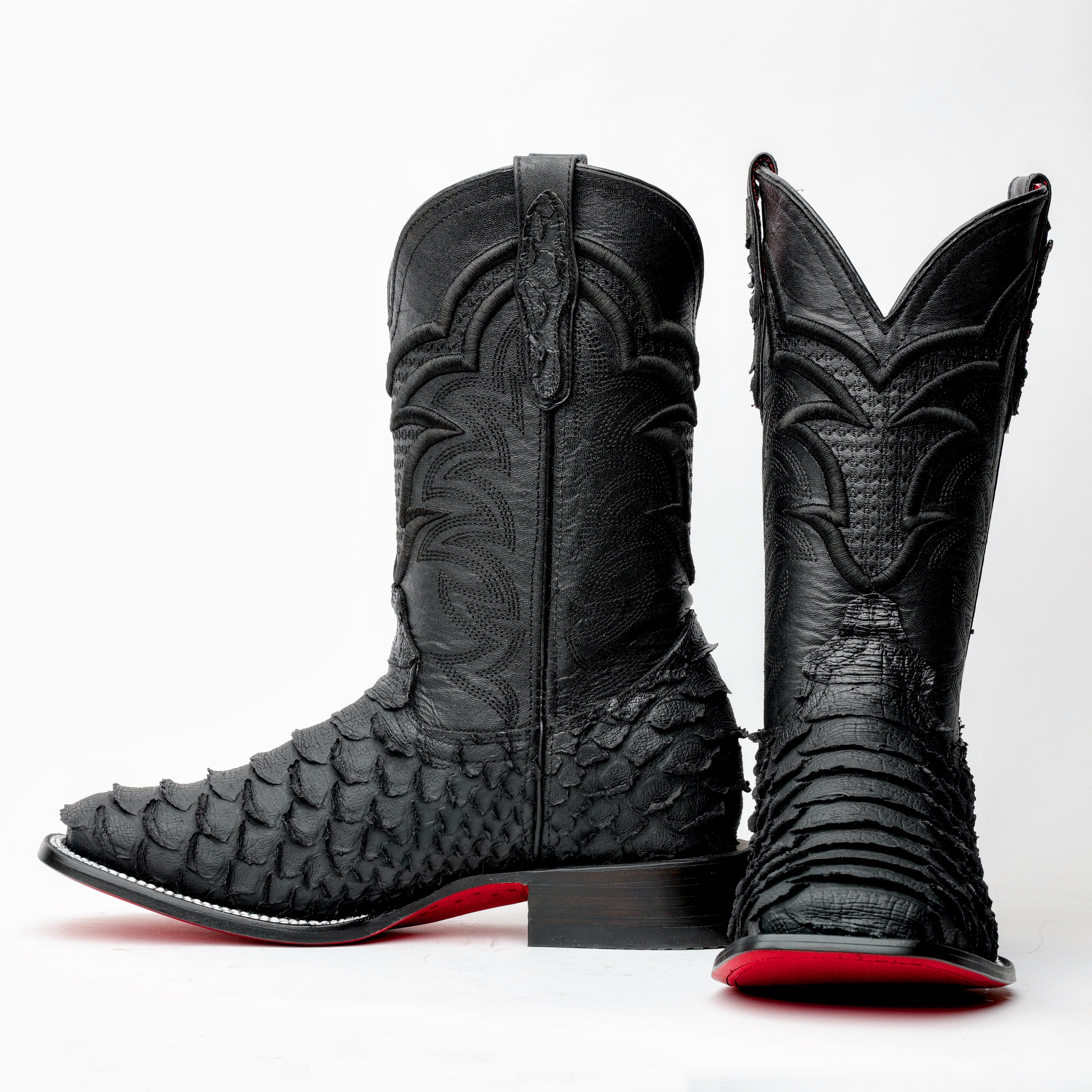 Matte Black Jumbo Python Leather Boots - Square Toe