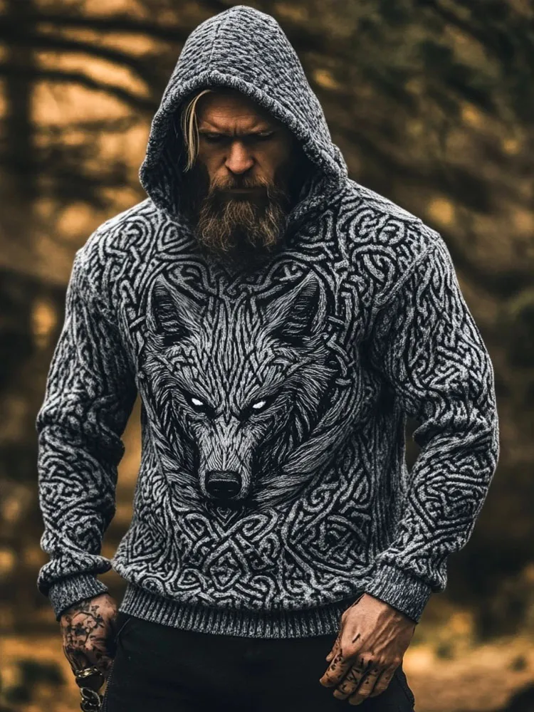Men's Wolf Inspired Viking Celtic Jacquard Cozy Hooded Sweater