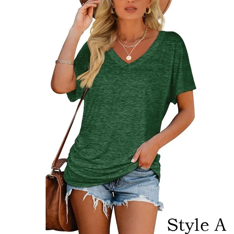 Womens Short Sleeve V Neck Dolman Tops with Side Shirring Loose Fit Shirts