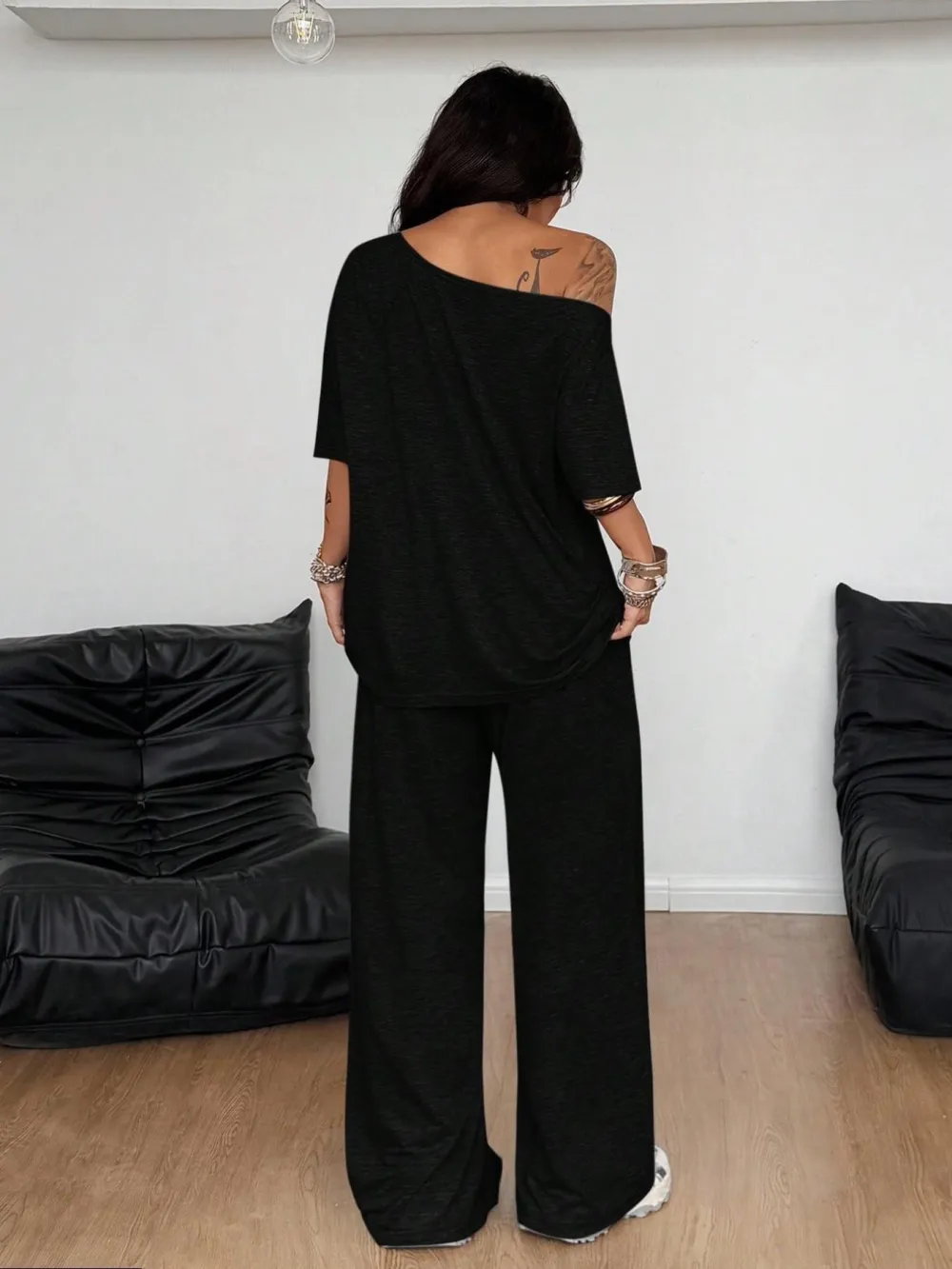 Women's Casual Solid Color Sport Two-Piece Set, Loose Long Pants & Wide Leg Slant Neck Pant Suit
