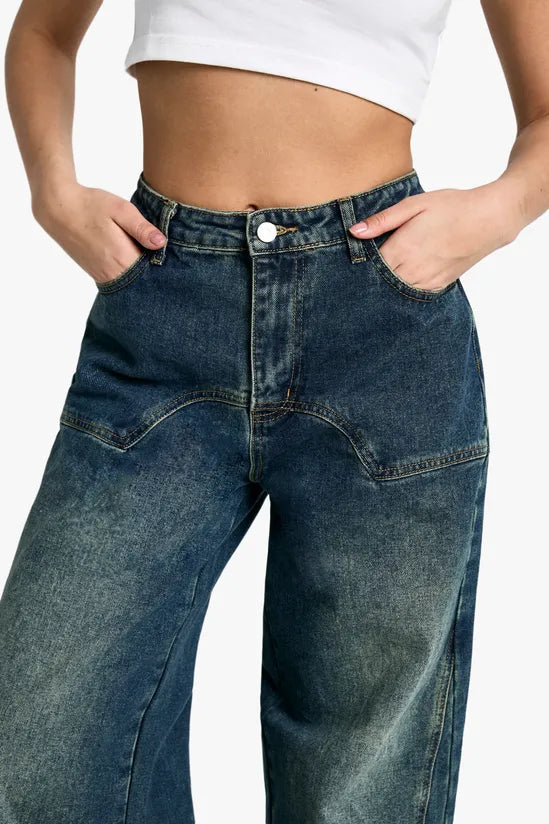 Blue Seam Detail Wide Leg Jeans