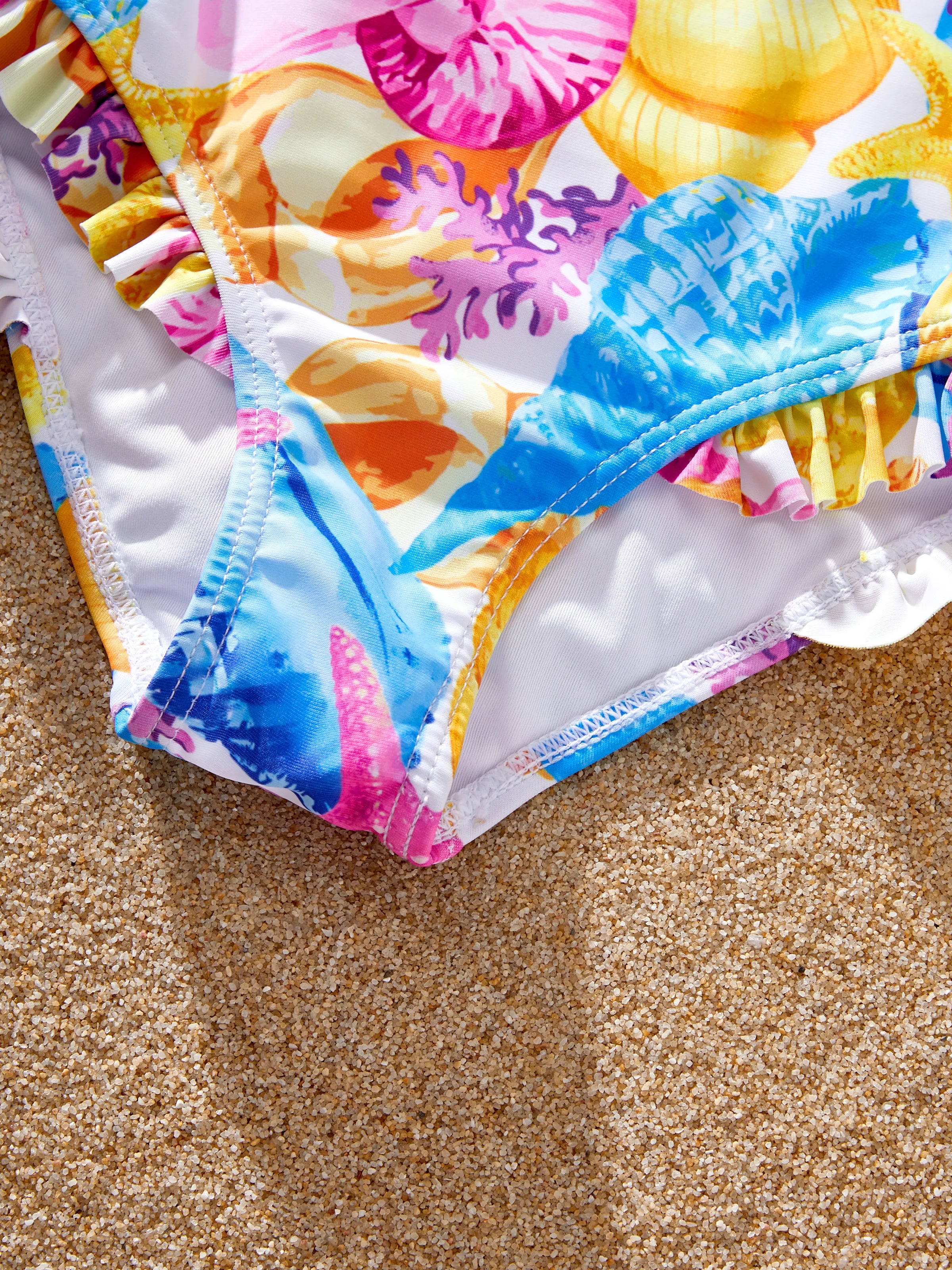 Family Matching Seashell & Starfish Print Swimsuits Ruched One-Piece & Swim Trunks Set Multi-color