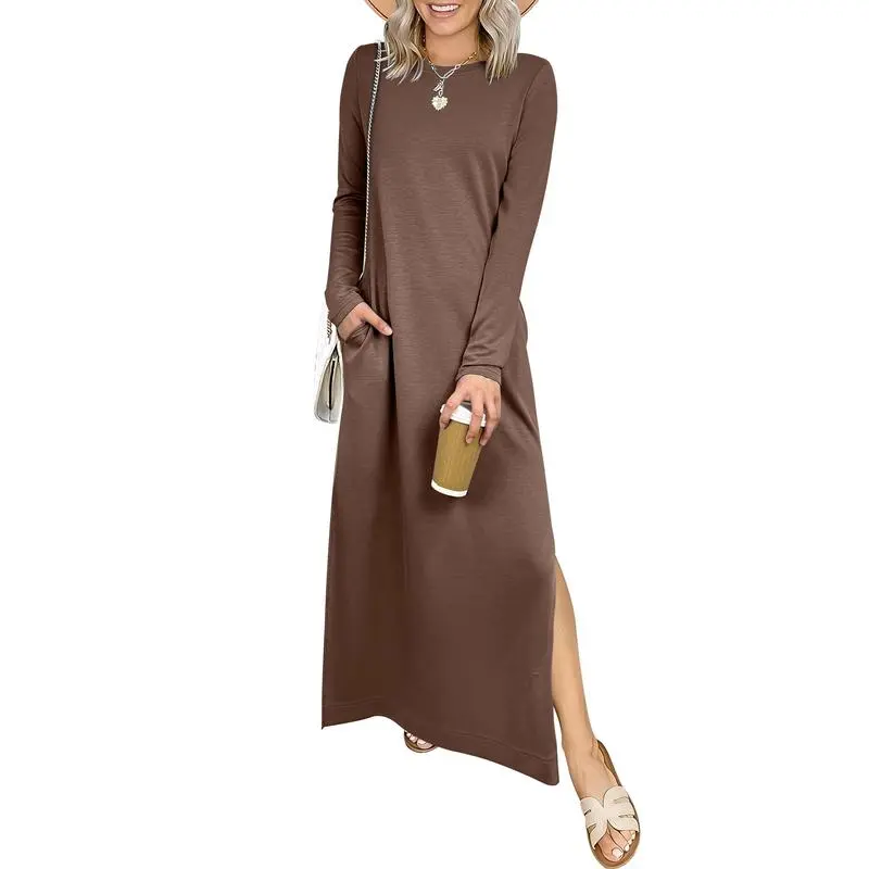 Women Long Sleeve Dresses 2026 Fall Casual Crewneck Loose Fit Split Flowy Wrinkle-Free Travel Vacation Maxi Dress
