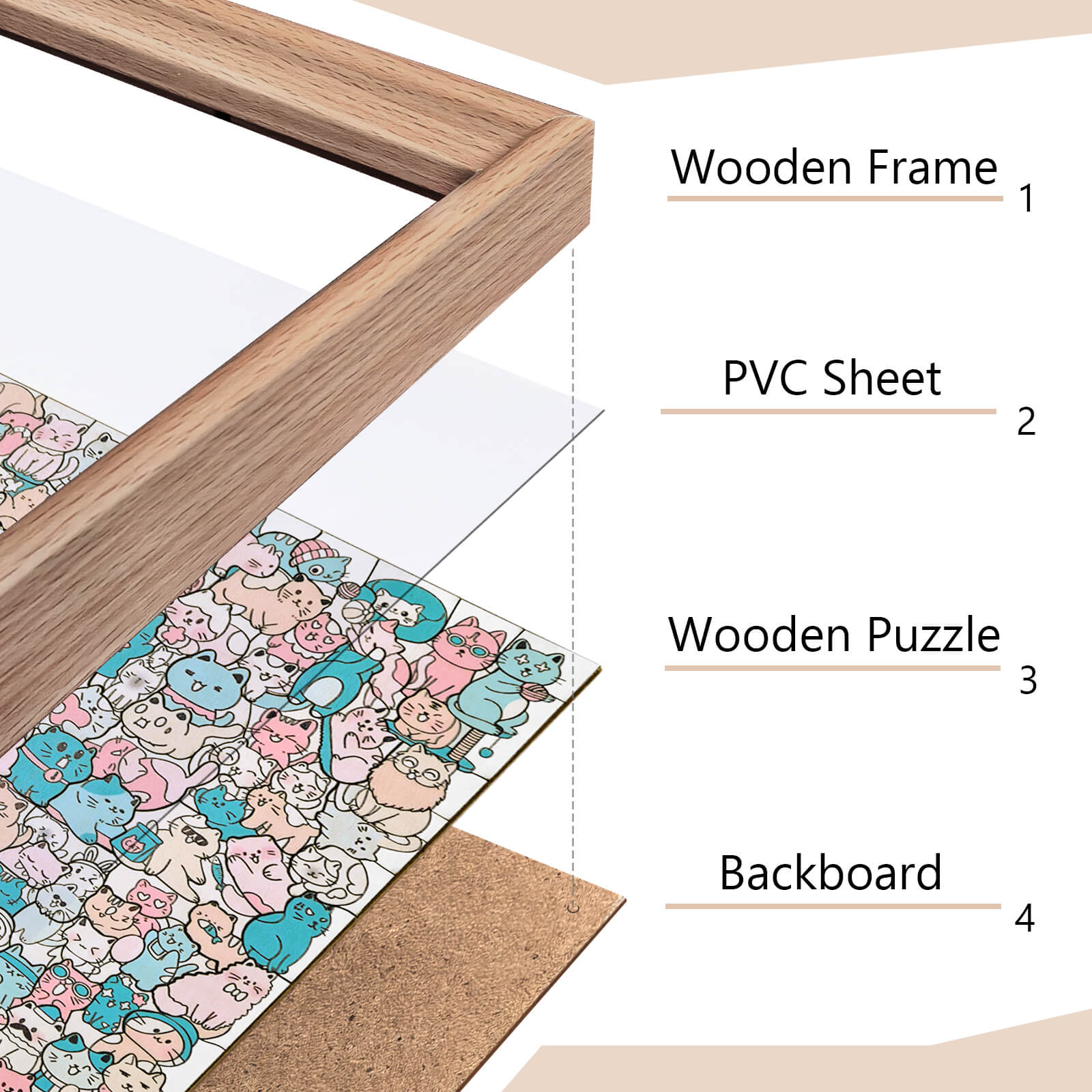 200 Pcs Morandi-Colored Lovely Cat Shaped Square Wooden Jigsaw Puzzle