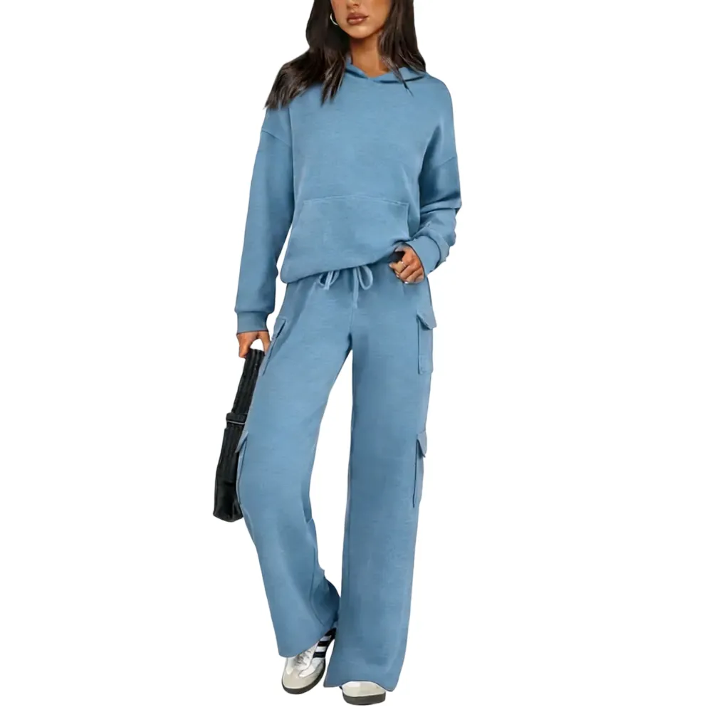Women’s Casual Knit Tracksuit – Hoodie & Wide Leg Pants with Pockets