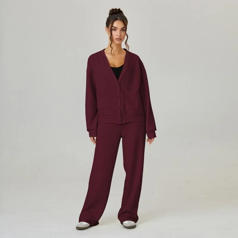 Women's Slouchy Solid Color V Neck Long Sleeve Button Cardigan & Drawstring Waist Trousers Co-ord