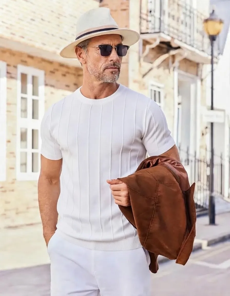 Last Day Promotion 🔥🔥 Crewneck Ribbed Pullover Men's T- Shirts Short Sleeve Knit Casual Tees