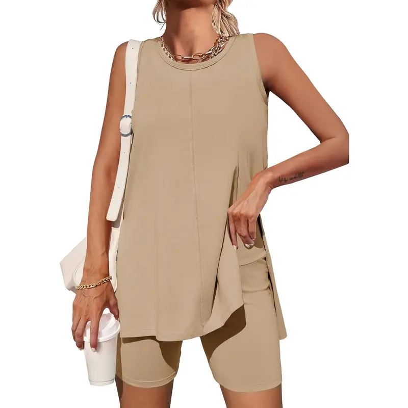 Yousify Women's Summer 2 Piece Outfits Sleeveless High Low Spilt Hem Tank Top Biker Shorts Sets Lounge Set Tracksuit