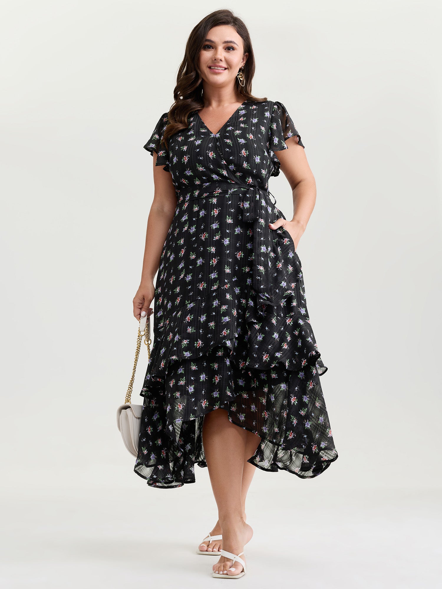 Floral Print Waist-Tie High Low Hem Midi Dress