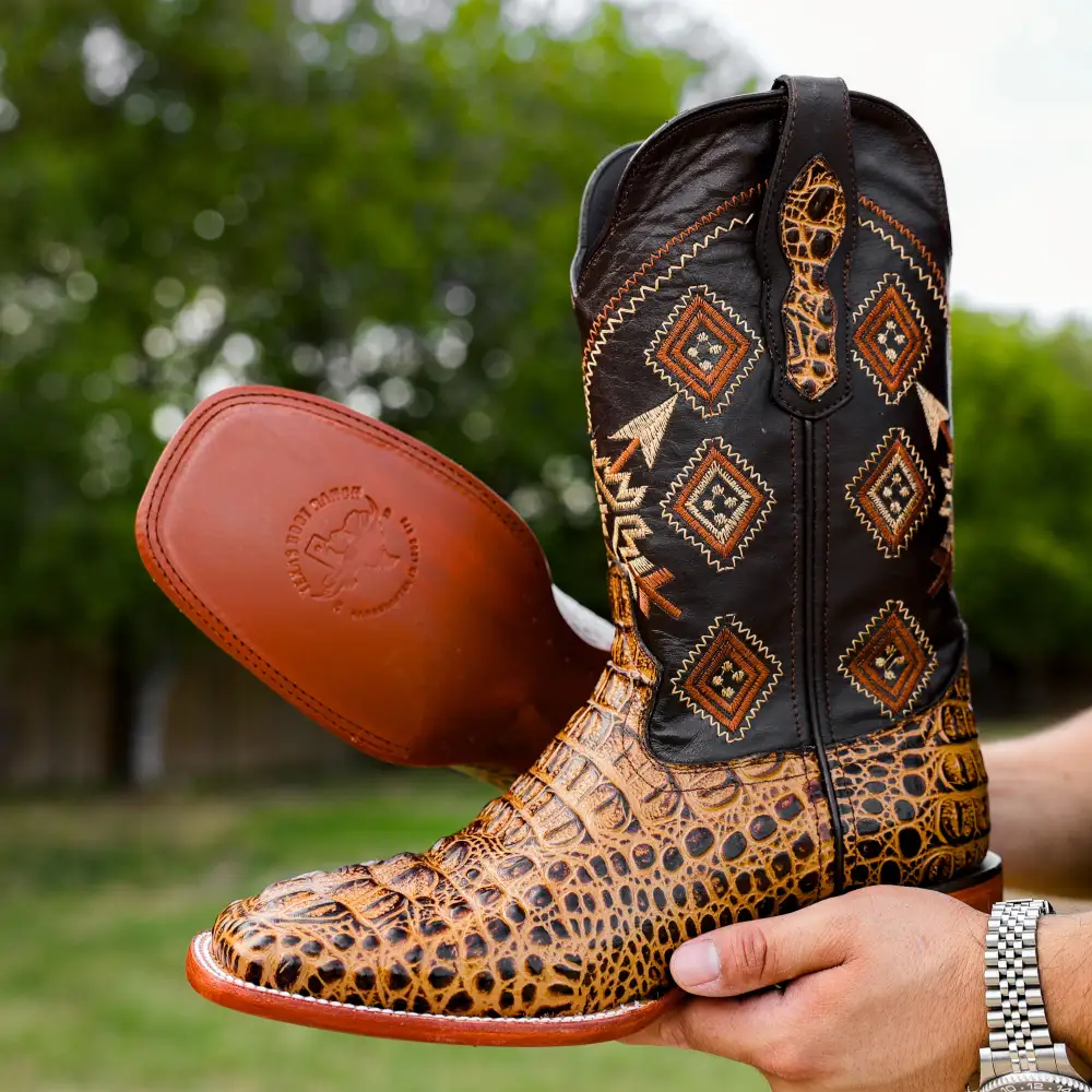 Honey Caiman Neck Leather Boots - Square Toe